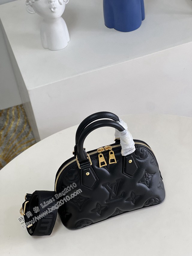 LV專櫃2023新款絎縫牛皮革刺繡Monogram圖案手提女包 M59793黑 路易威登Alma BB手袋貝殼包 dn1202